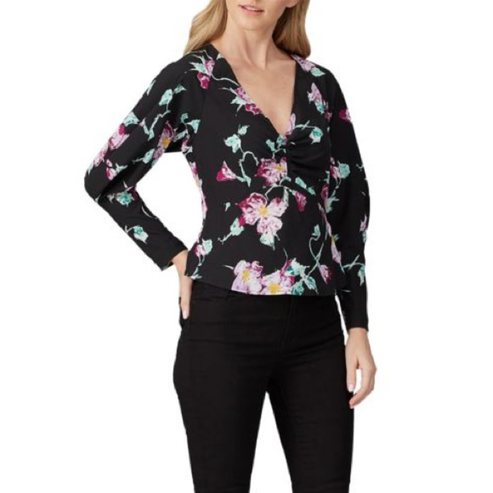 A.L.C Millie Stretch Silk Floral Blouse Top Black 0
